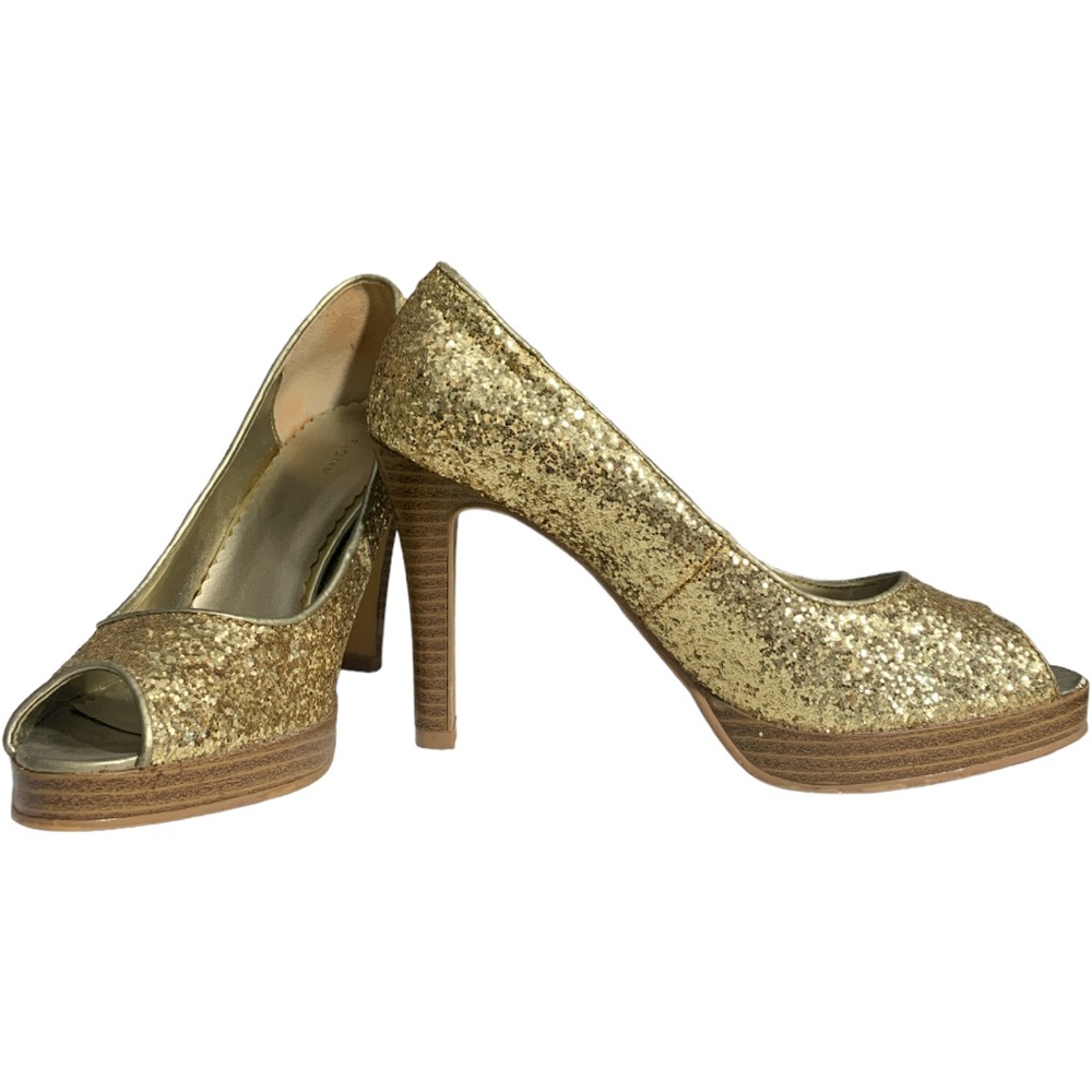FIONI Gold Sparkle Open Toe Stiletto Heel Size 7